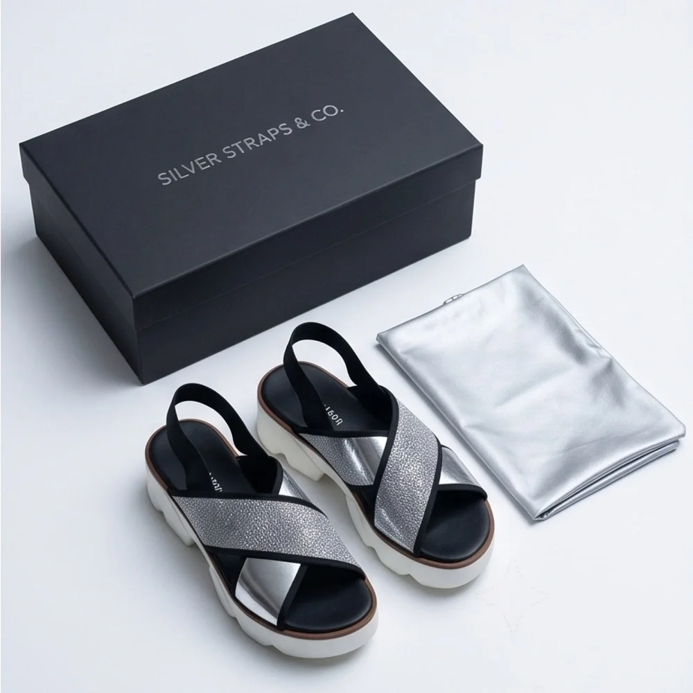 Nila & Nila Women’s Silver Metallic Soft Leather Crisscross Platform Sandal
